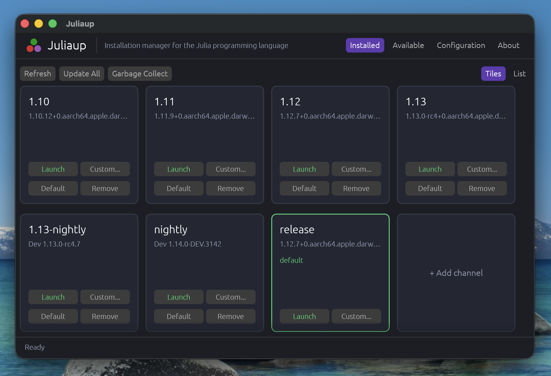 The Juliaup GUI's Installed tab, showing installed Julia channels as tiles